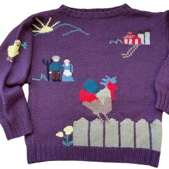 Berek Wool Sweater Farmcore Picket Fence Rooster Knit Cottagecore Size Small - Picture 3 of 9